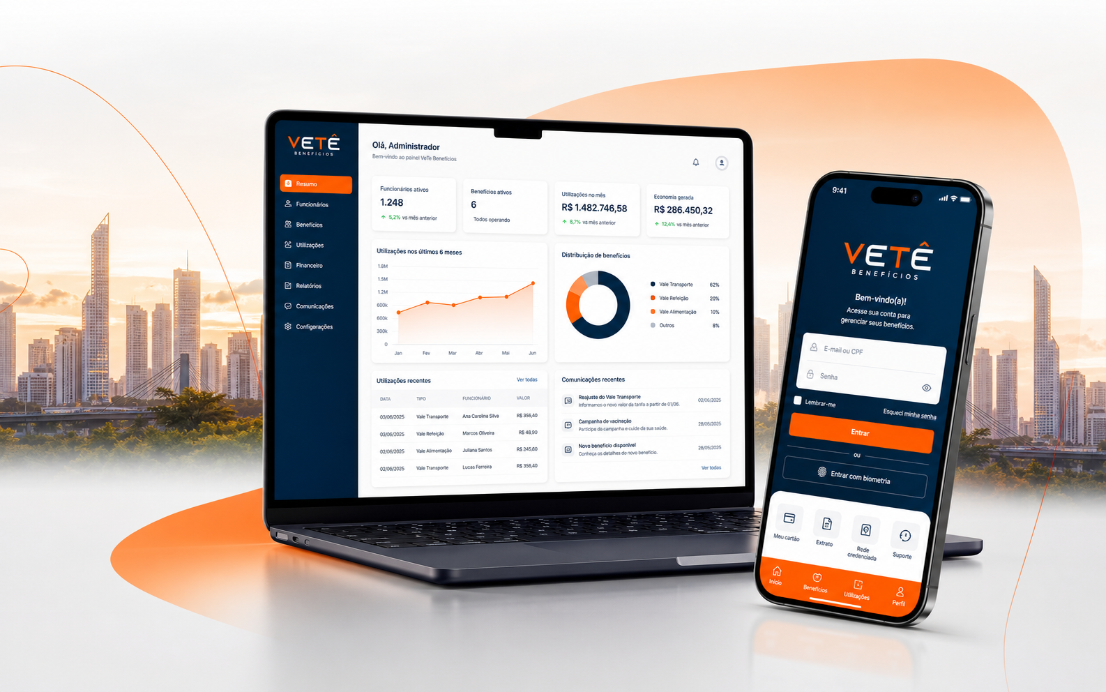 Composição da VeTê com dashboard em notebook e aplicativo mobile